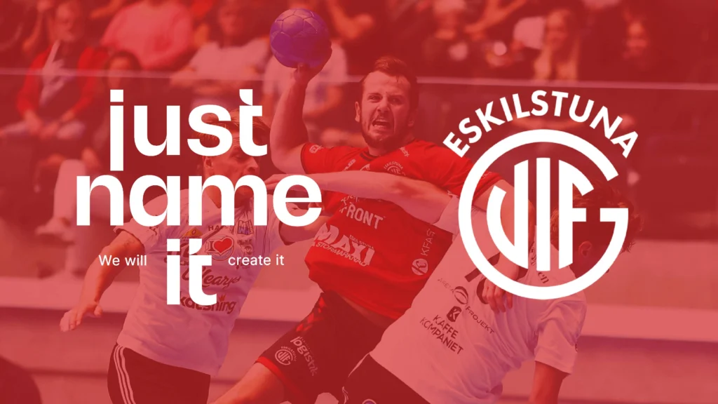 En handbollsspelare i Eskilstuna GUIF:s röda tröja skjuter, med Just Name IT:s och GUIF:s logotyper.