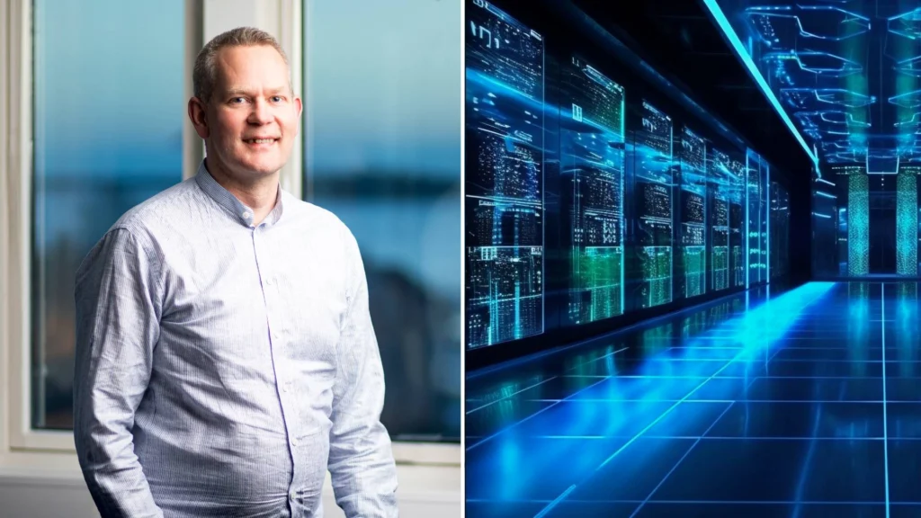 Linus Linné vid ett fönster, bredvid en bild av en serverhall i blått ljus.
