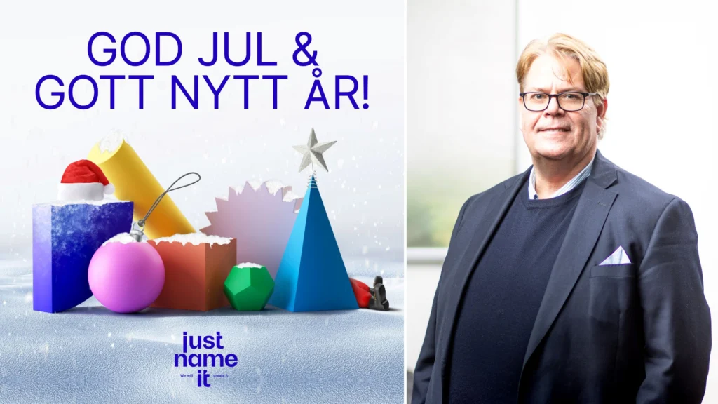 Julkort med texten ”God jul och gott nytt år!” och färgglada former i snö, bredvid ett porträtt av Magnus Johansson.