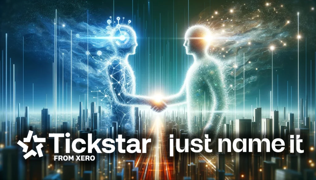 Två figurer av ljus skakar hand ovanför en stad, med Tickstars och Just Name IT:s logotyper.