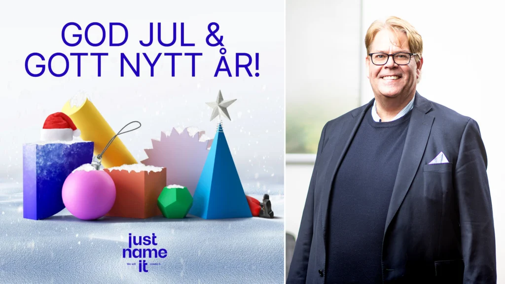 Julkort med texten ”God jul och gott nytt år!” och färgglada former i snö, bredvid ett porträtt av Magnus Johansson.