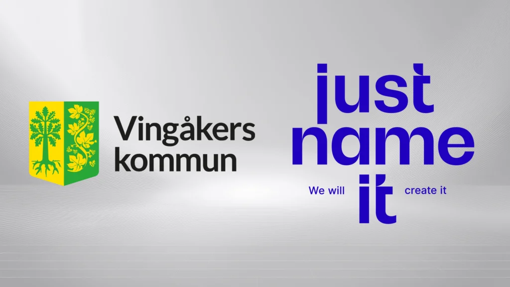 Vingåkers kommuns och Just Name IT:s logotyper sida vid sida.